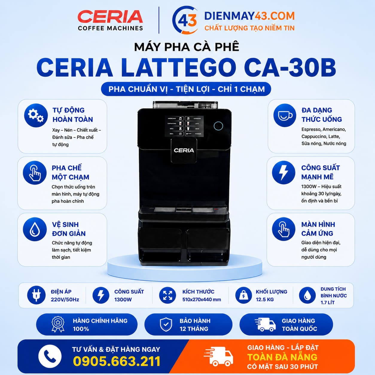Hình ảnh máy pha cà phê Ceria LatteGo CA-30B với thiết kế hiện đại, vận hành ổn định, hỗ trợ pha espresso và đồ uống pha sữa nhanh chóng, phù hợp quán cafe, trà sữa và văn phòng.