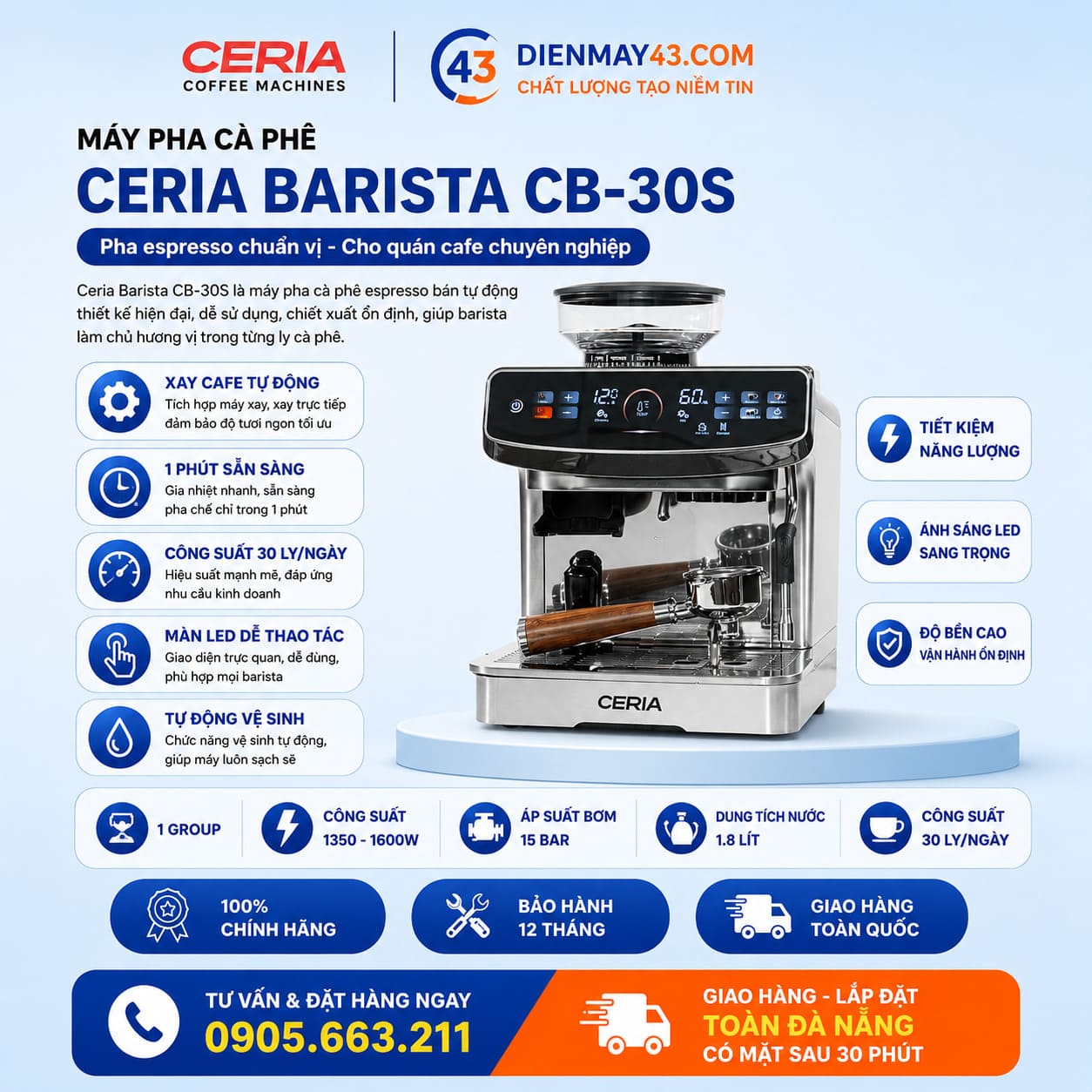 Máy pha cà phê Ceria Barista CB-30S chính hãng thiết kế hiện đại cho quán cà phê