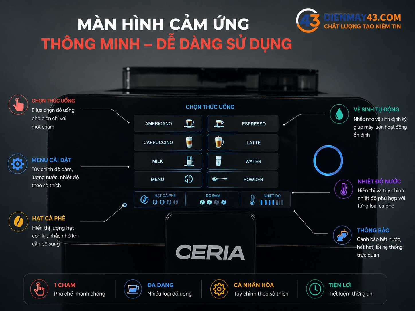 Khám phá màn hình máy pha cà phê Ceria LatteGo CA-30B với giao diện cảm ứng hiện đại, thao tác nhanh chóng, hỗ trợ tùy chỉnh chế độ pha chế tiện lợi cho quán cafe chuyên nghiệp.