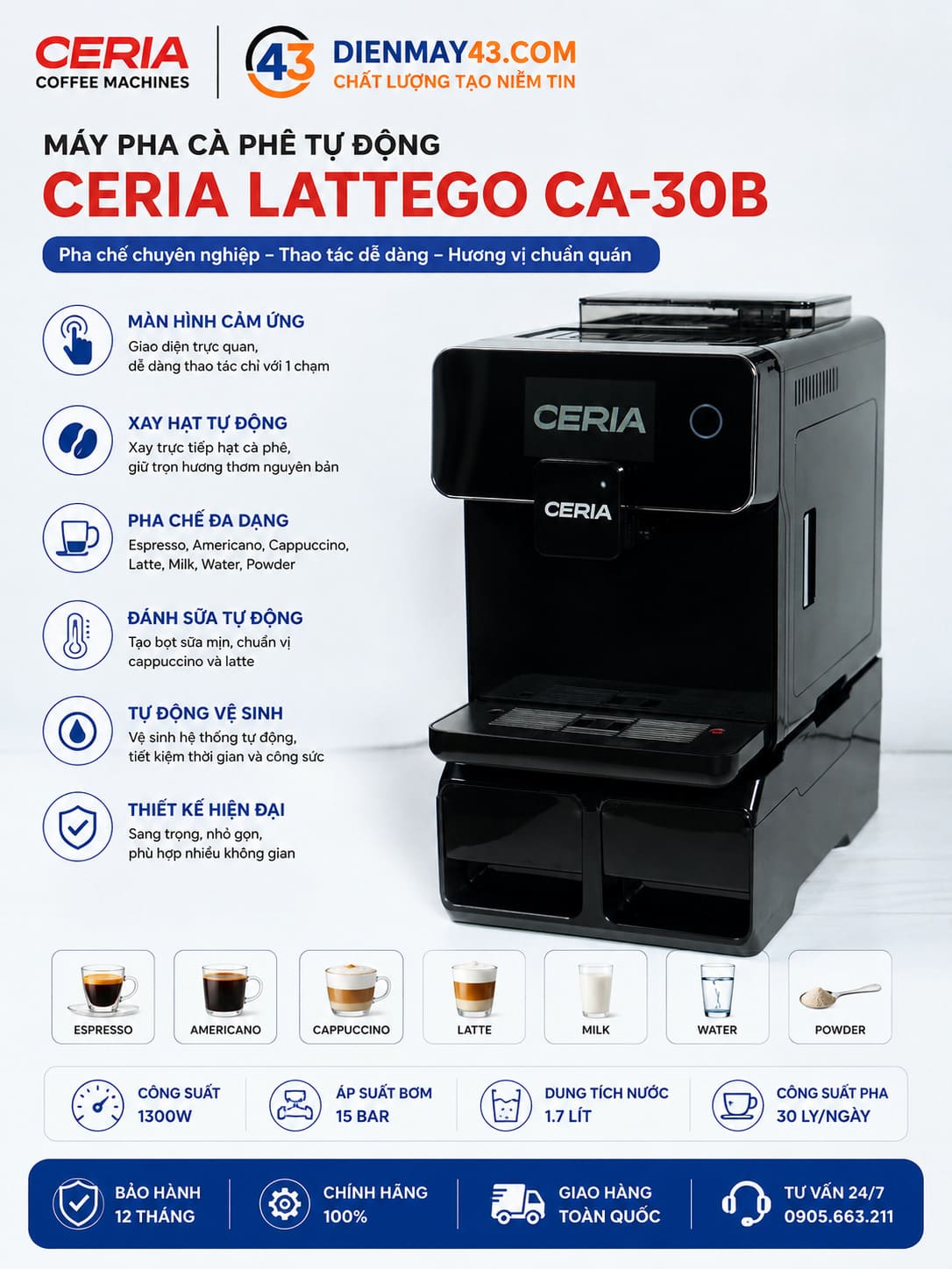 Khám phá máy pha cà phê Ceria LatteGo CA-30B với thiết kế hiện đại, vận hành tự động, pha espresso đậm vị và đánh sữa nhanh chóng, phù hợp quán cafe, văn phòng và mô hình kinh doanh đồ uống.