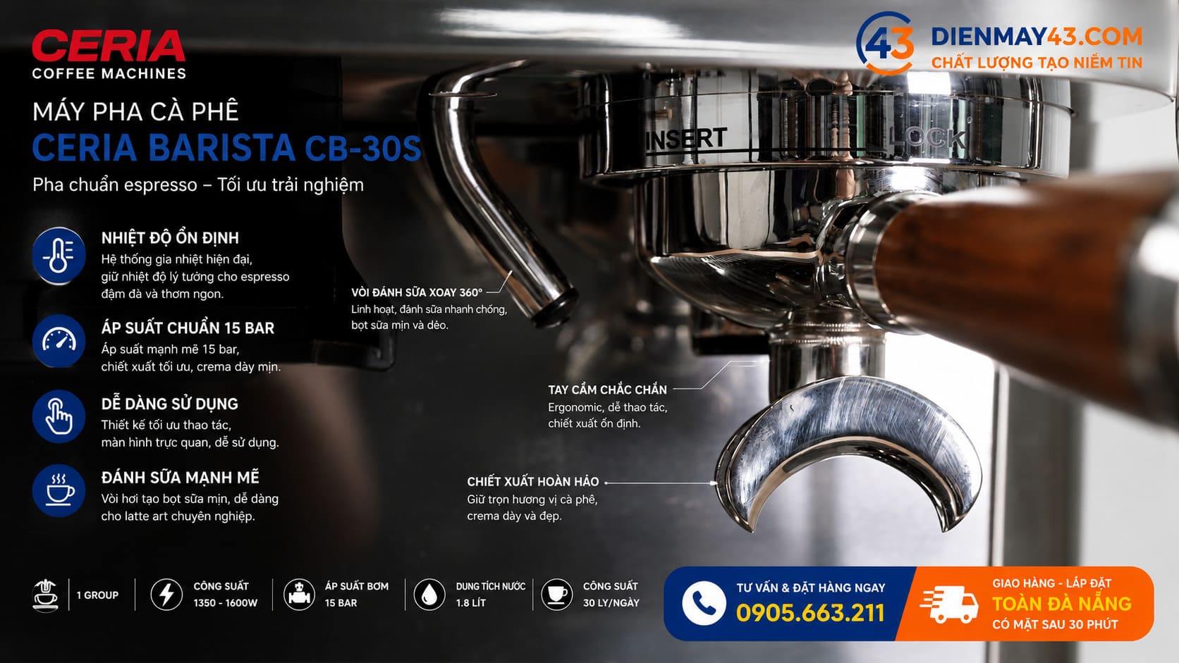 Thiết kế máy pha cà phê Ceria Barista CB-30S hiện đại cho quán cafe