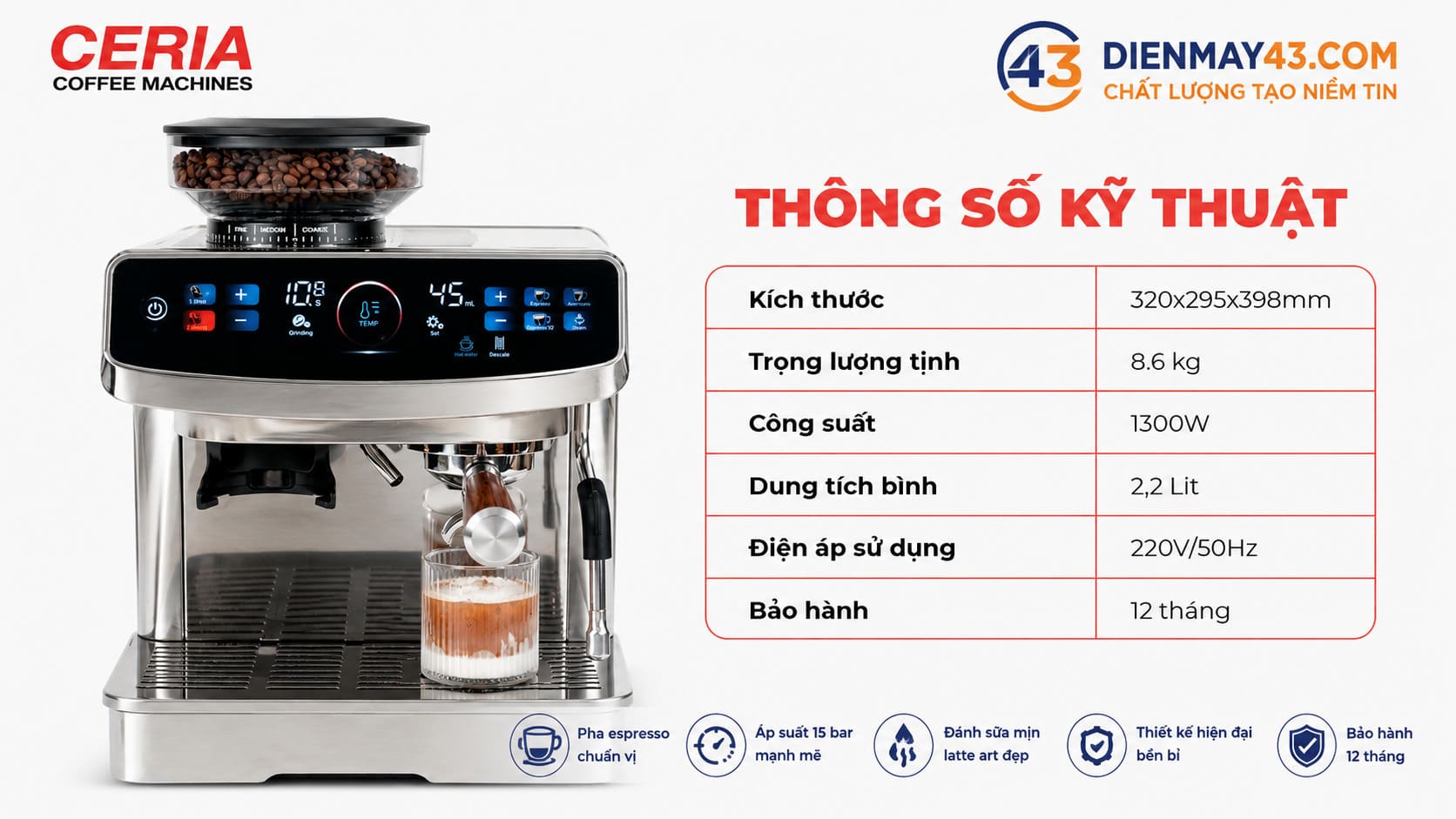Thông số kỹ thuật máy pha cà phê Ceria Barista CB-30S chính hãng