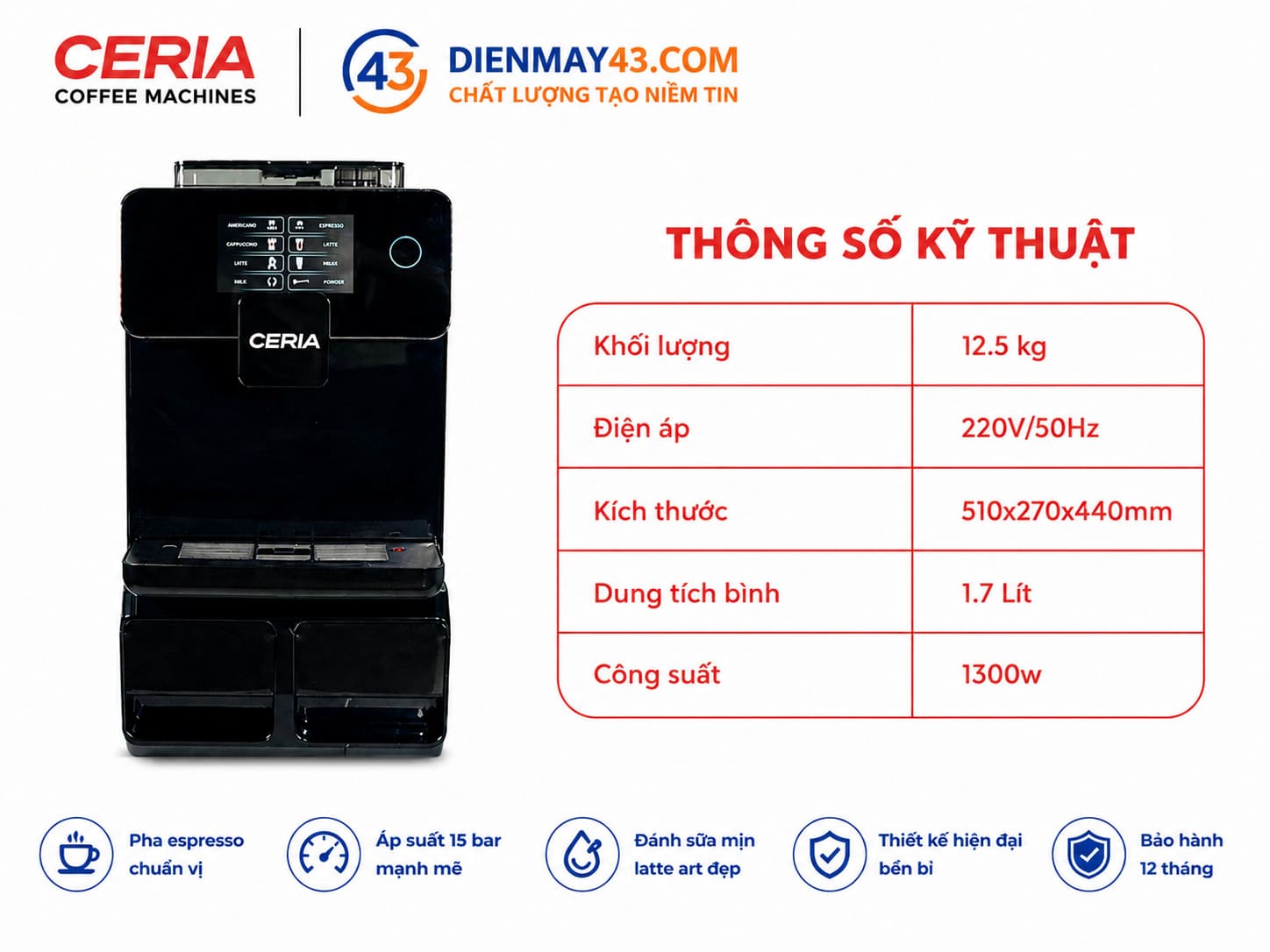 Tìm hiểu thông số máy pha cà phê Ceria LatteGo CA-30B với thiết kế hiện đại, công suất ổn định, khả năng pha chế nhanh và phù hợp cho quán cafe, nhà hàng, văn phòng.