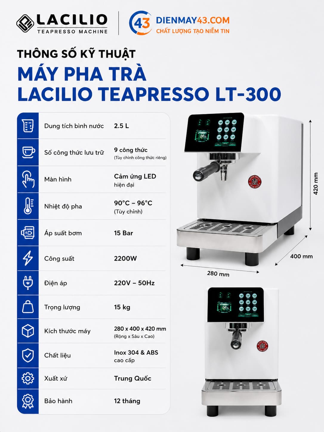 thông số kỹ thuật máy pha trà lacilio teapresso lt-300 chi tiết