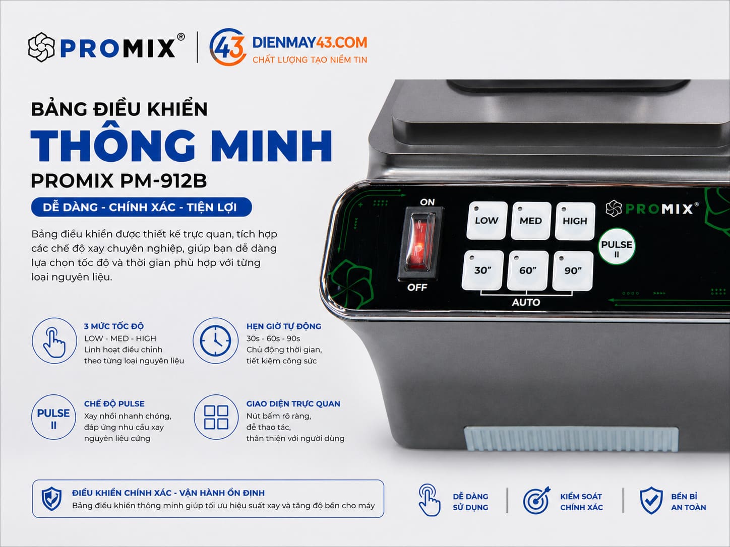 Bảng điều khiển máy xay sinh tố Promix PM-912B giúp người dùng điều chỉnh tốc độ xay và chế độ xay linh hoạt, phù hợp cho quán cà phê, trà sữa cần thao tác nhanh và chính xác trong giờ cao điểm.