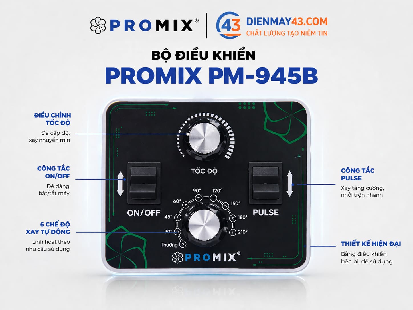 bảng điều khiển máy xay PROMIX PM-945B với núm chỉnh tốc độ và chế độ pulse chuyên nghiệp