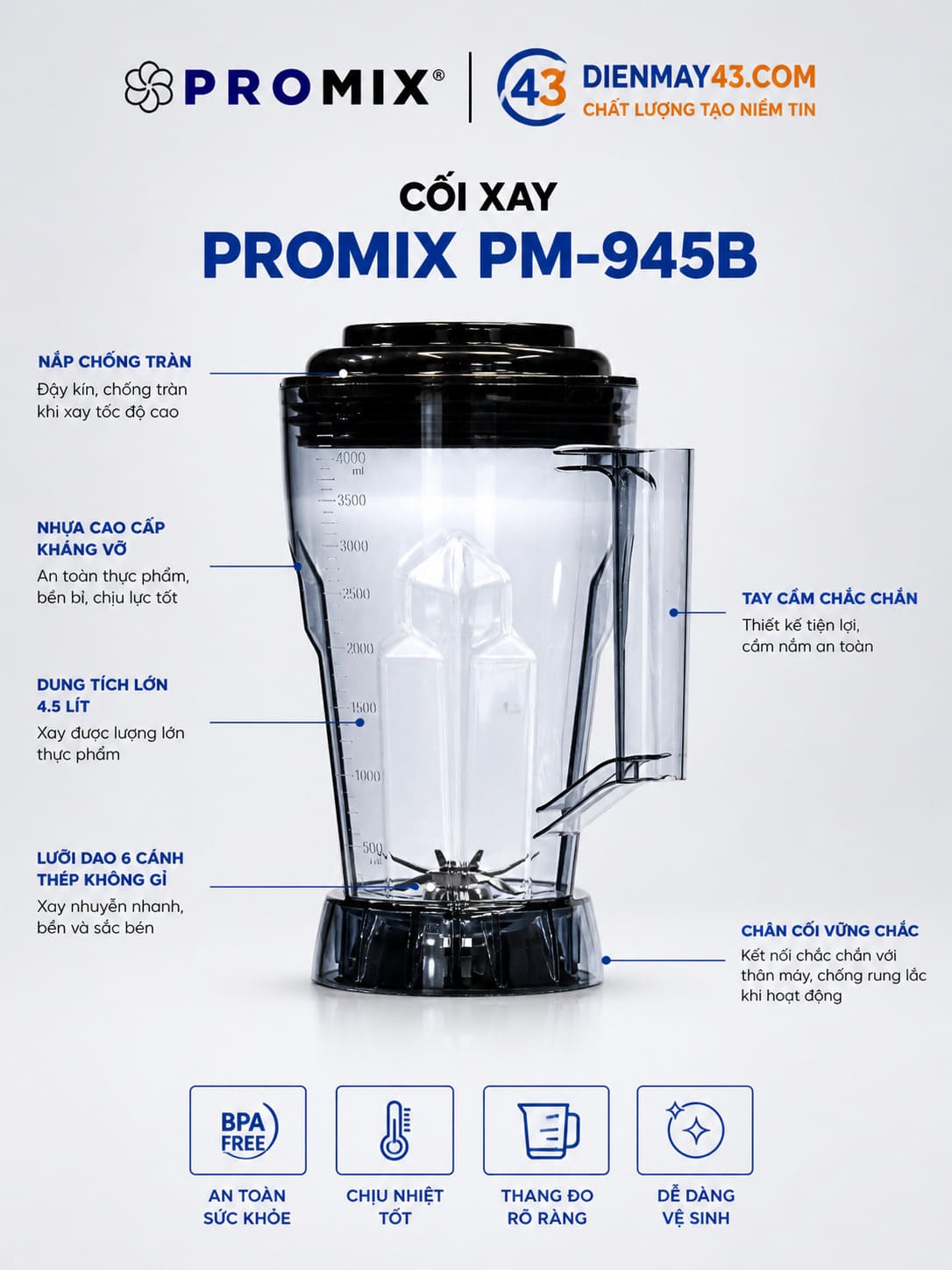 cối máy xay đa năng PROMIX PM-945B 4.5L nhựa cao cấp chống vỡ xay số lượng lớn