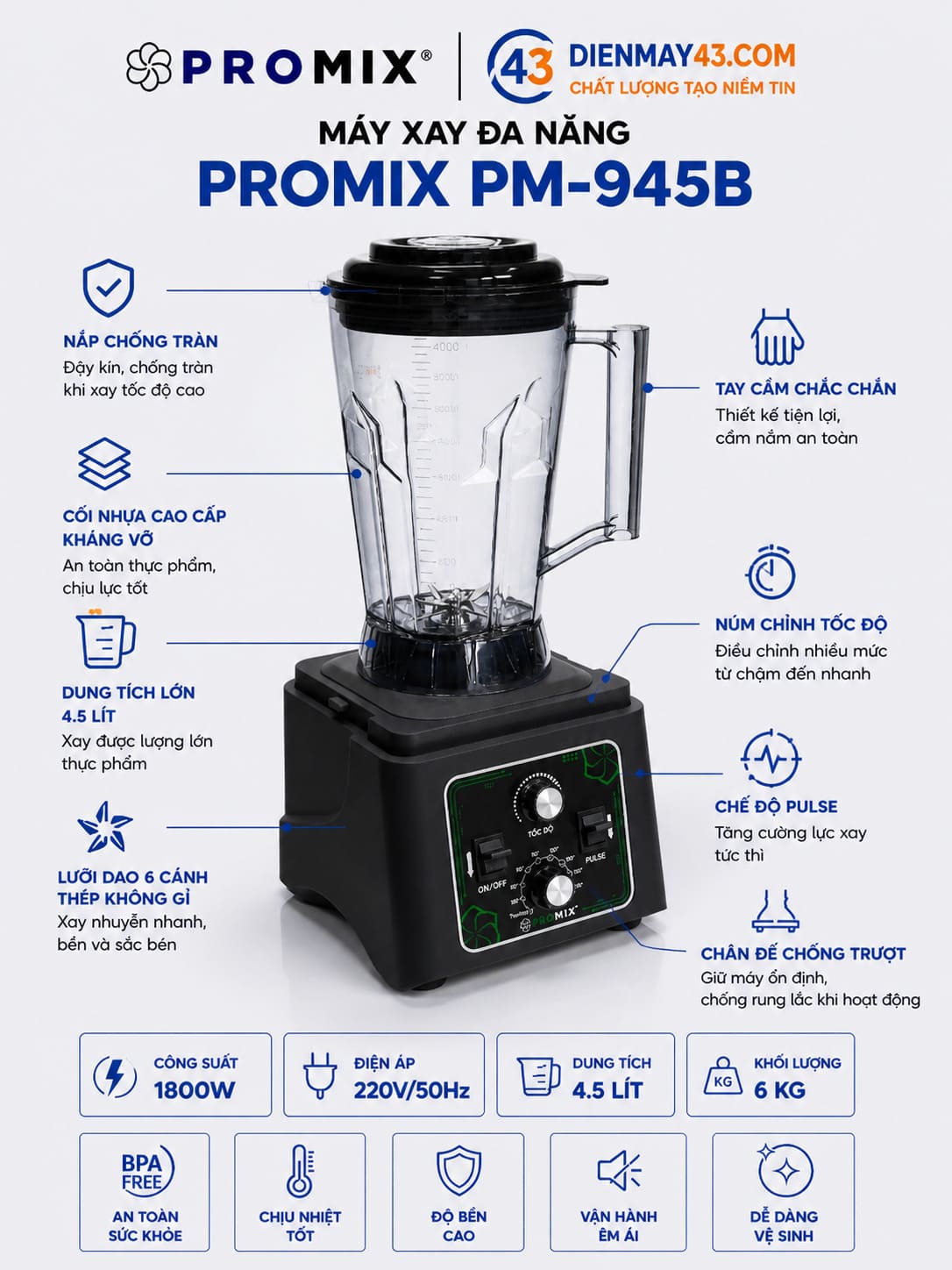 máy xay Promix PM-945B sử dụng trong quầy bar pha chế sinh tố nước ép tiện lợi