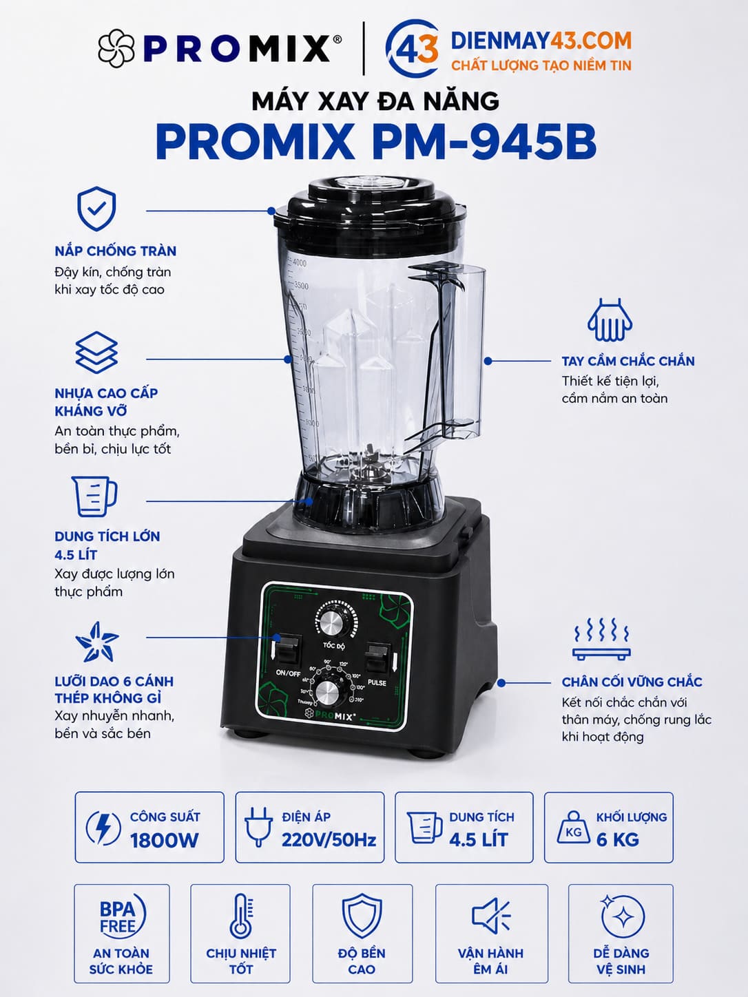 máy xay PROMIX PM-945B kiểu dáng gọn bố trí dễ dàng trên quầy bếp hoặc quầy bar