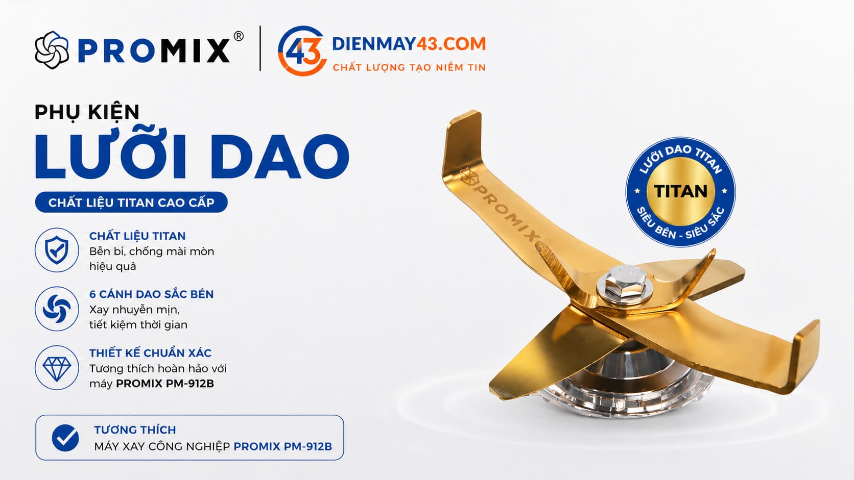 Lưỡi dao máy xay sinh tó Promix PM-912B là phụ kiện quan trọng của máy xay công nghiệp, giúp tăng hiệu suất xay và đảm bảo độ mịn của đồ uống. Phù hợp thay thế cho quán cà phê, trà sữa cần xay liên tục tại Đà Nẵng.