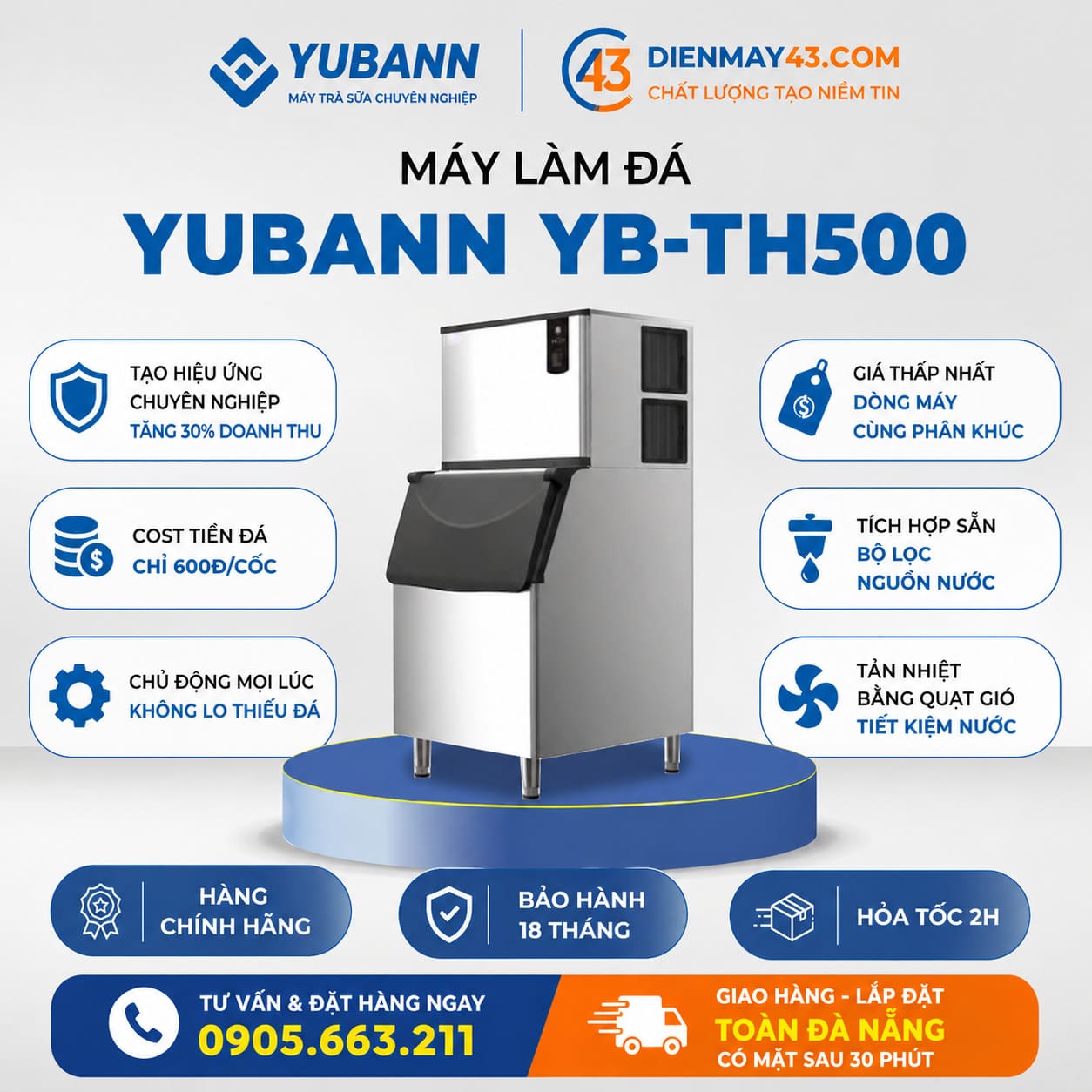 Máy làm đá Yubann YB-TH500 thiết kế inox bền bỉ, làm đá nhanh, phù hợp quán kinh doanh cần nguồn đá ổn định tại Đà Nẵng.