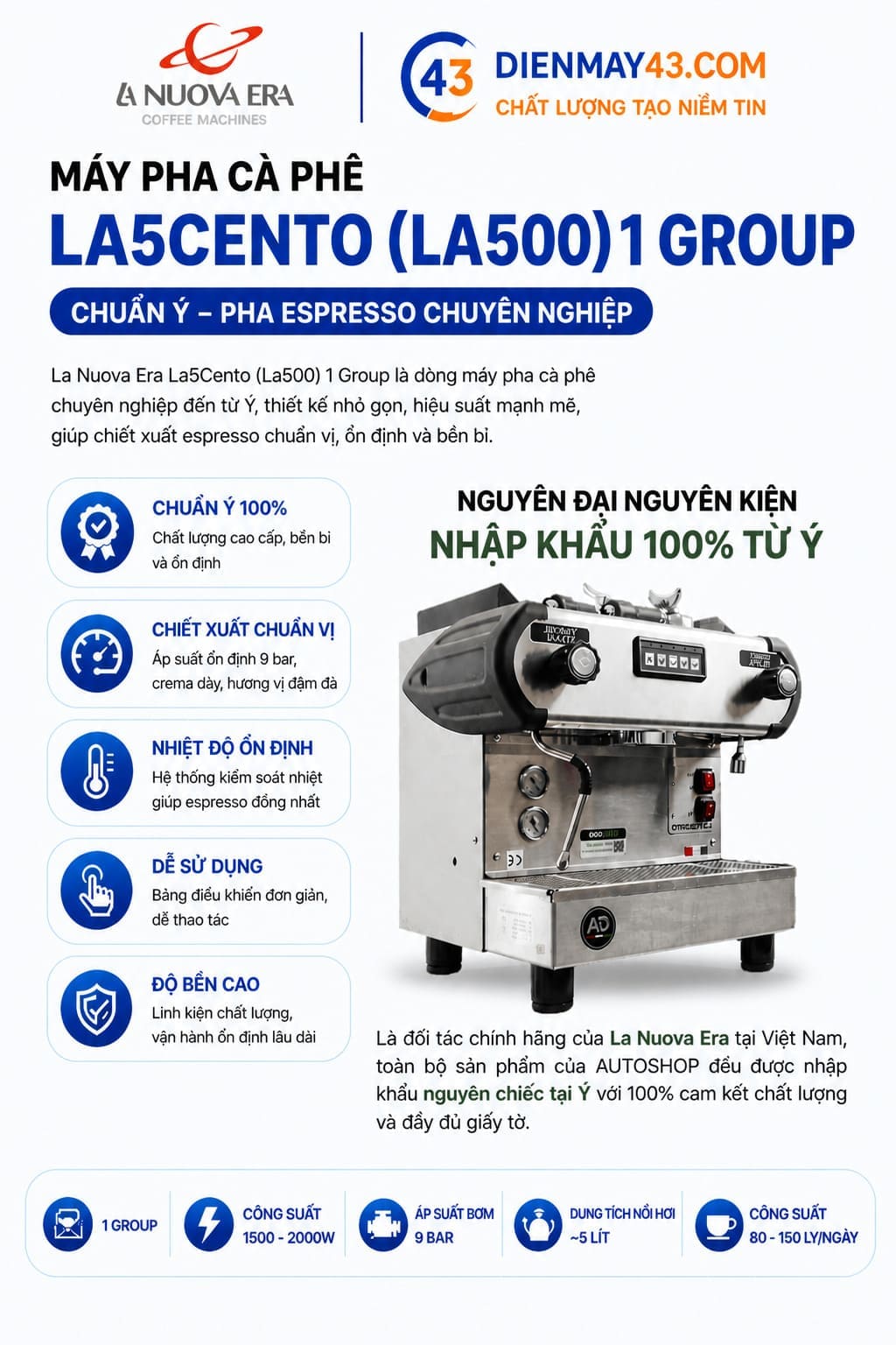 Máy pha cà phê La Nuova Era La5Cento La500 1 Group chuyên nghiệp, phù hợp quán cà phê và nhà hàng