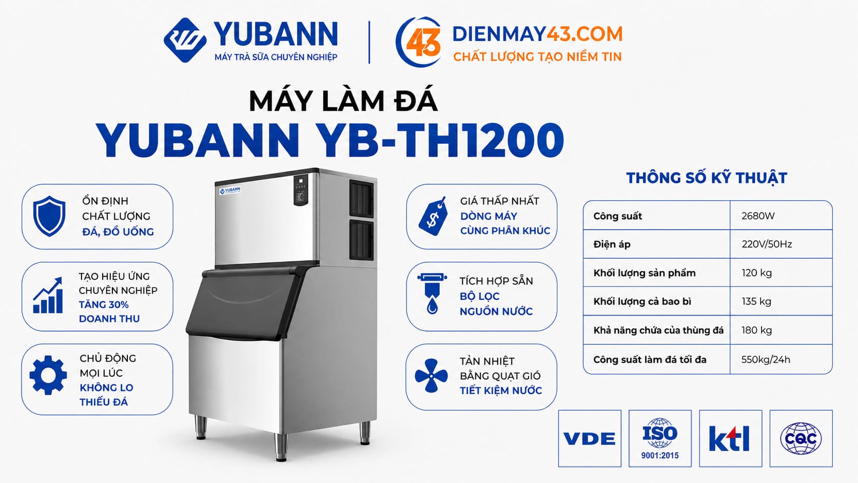 Thông số máy làm đá Yubann YB-TH1200 đầy đủ, phù hợp quán kinh doanh cần thiết bị làm đá ổn định và hiệu suất cao.