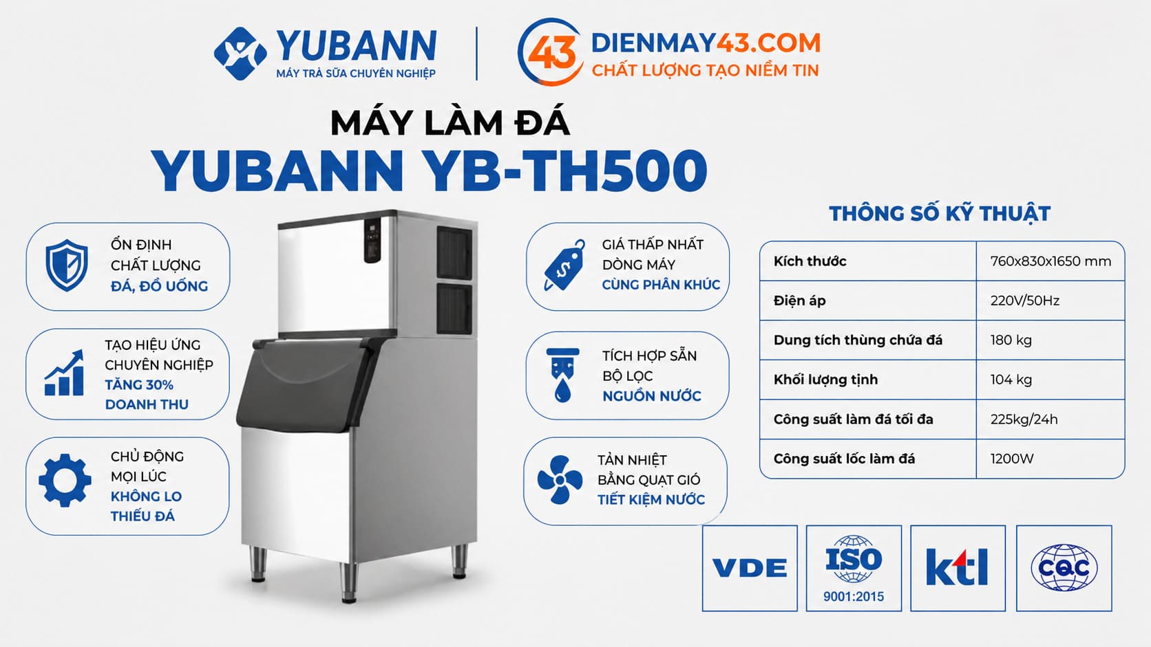 Thông số máy làm đá Yubann YB-TH500 chi tiết, phù hợp quán kinh doanh cần thiết bị làm đá ổn định, dễ vận hành và tối ưu chi phí.