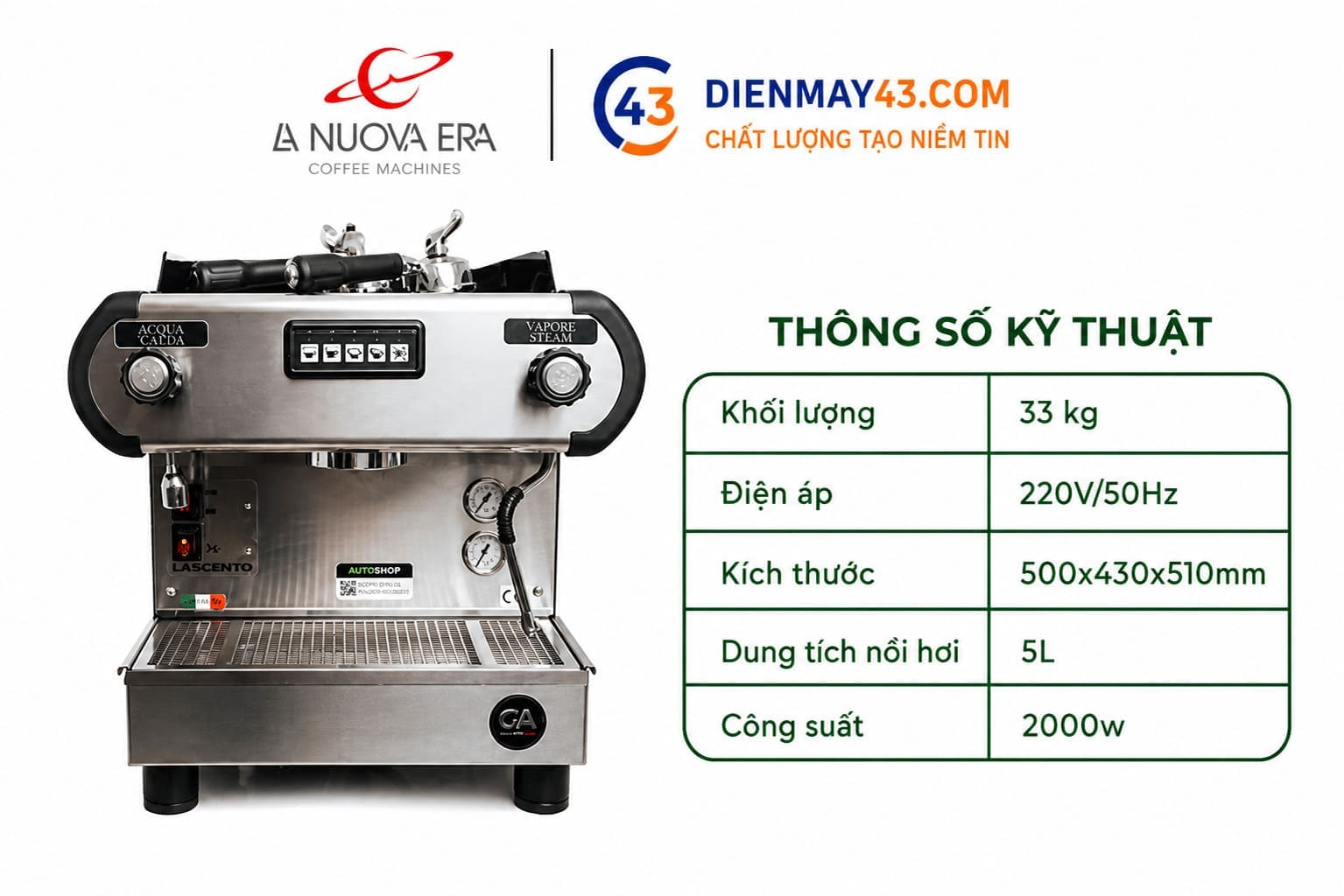 Thông số kỹ thuật Máy pha cà phê La Nuova Era La5Cento La500 chuyên nghiệp dành cho quán cafe