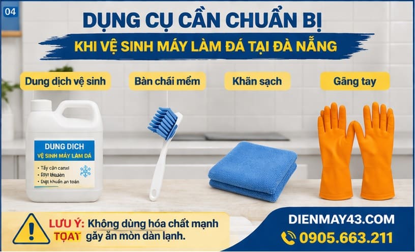 Dụng cụ vệ sinh máy làm đá chuyên dụng gồm bàn chải, khăn, cọ, phục vụ bảo dưỡng máy làm đá tại Dienmay43.com