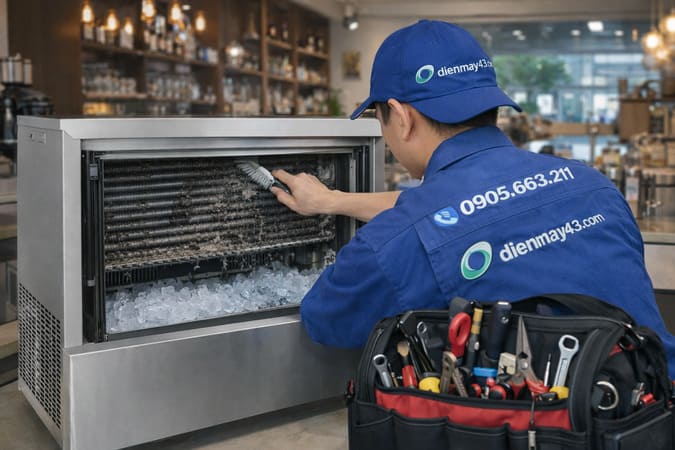 Kỹ thuật viên đang vệ sinh máy làm đá công nghiệp tại Đà Nẵng, bảo trì định kỳ máy làm đá sạch và hiệu quả
