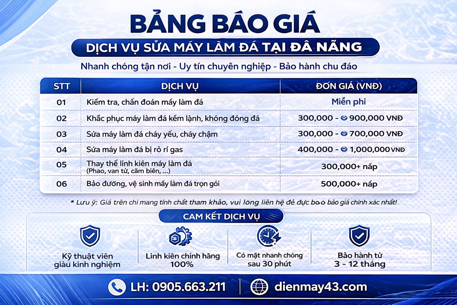Hình ảnh bảng báo giá dịch vụ sửa máy làm đá tại Đà Nẵng với chi phí rõ ràng, minh bạch từng hạng mục sửa chữa. Hỗ trợ kiểm tra, bảo dưỡng, thay linh kiện chính hãng, phục vụ nhanh chóng – liên hệ 0905.663.211 hoặc truy cập dienmay43.com để được tư vấn chi tiết.