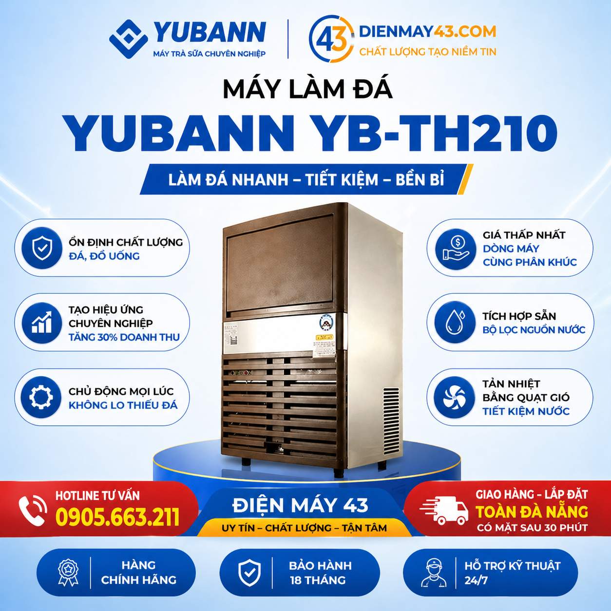 Hình ảnh máy làm đá Yubann YBoh-D120 thiết kế nhỏ gọn, hiện đại, phù hợp lắp đặt tại quầy pha chế. Máy có khả năng làm đá nhanh, tiết kiệm điện, vận hành ổn định, thích hợp cho quán cafe, trà sữa tại Đà Nẵng.