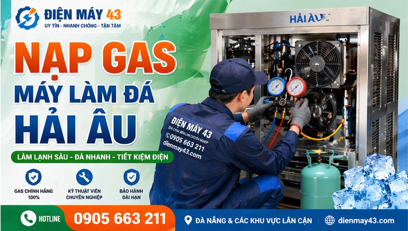 Kỹ thuật viên đang thực hiện nạp gas cho máy làm đá Hải Âu, giúp máy làm lạnh nhanh, ổn định và tăng hiệu suất sản xuất đá. Dịch vụ nạp gas chuyên nghiệp, đúng kỹ thuật tại Đà Nẵng.