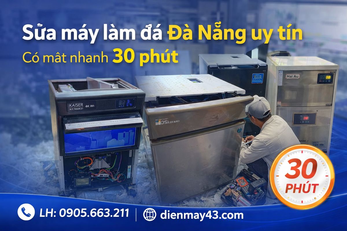 Hình ảnh dịch vụ sửa máy làm đá tại Đà Nẵng với cam kết có mặt nhanh trong 30 phút. Đội ngũ kỹ thuật chuyên sửa các dòng máy làm đá như Hải Âu, Hoshizaki, Yubann, Snooker với các lỗi không ra đá, không chạy hoặc báo lỗi hệ thống. Hỗ trợ tận nơi, xử lý nhanh và đảm bảo máy hoạt động ổn định.