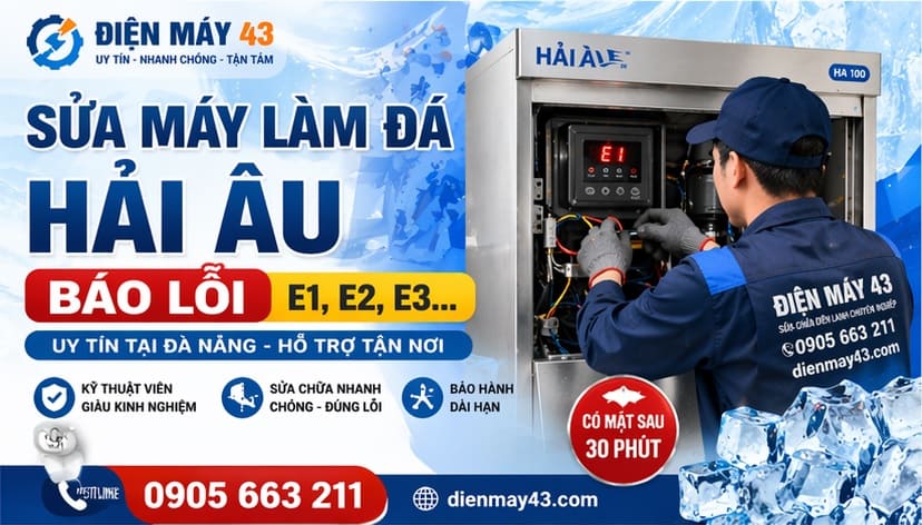 Hình ảnh kỹ thuật viên đang kiểm tra và sửa máy làm đá Hải Âu báo lỗi tại Đà Nẵng. Dịch vụ xử lý nhanh các sự cố máy làm đá không hoạt động, lỗi hệ thống, đảm bảo vận hành ổn định cho khách hàng.