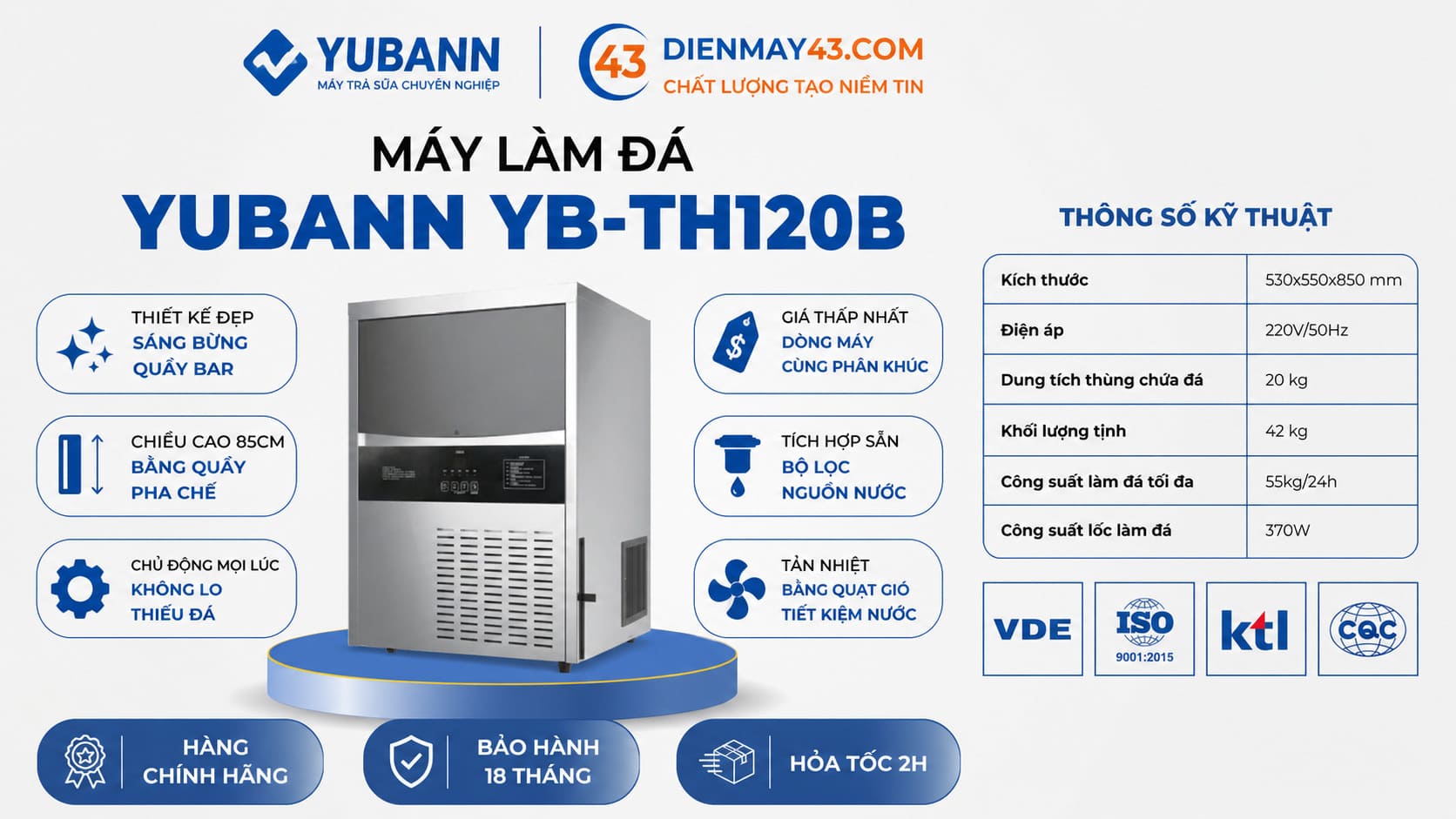 Hình ảnh thể hiện các thông tin vận hành của máy làm đá Yubann YB-TH120B như khả năng sản xuất đá, dung tích lưu trữ và yêu cầu điện năng. Dòng máy phù hợp cho mô hình kinh doanh đồ uống nhờ thiết kế gọn và hiệu suất ổn định.