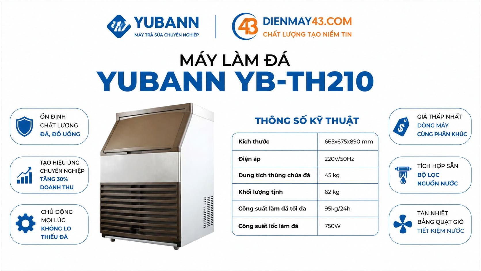Hình ảnh thể hiện các thông tin liên quan đến khả năng hoạt động của máy làm đá Yubann YB-TH210, bao gồm mức sản lượng đá và điều kiện vận hành. Nội dung giúp người dùng hiểu rõ hơn trước khi lựa chọn thiết bị cho quán cafe hoặc mô hình kinh doanh đồ uống.
