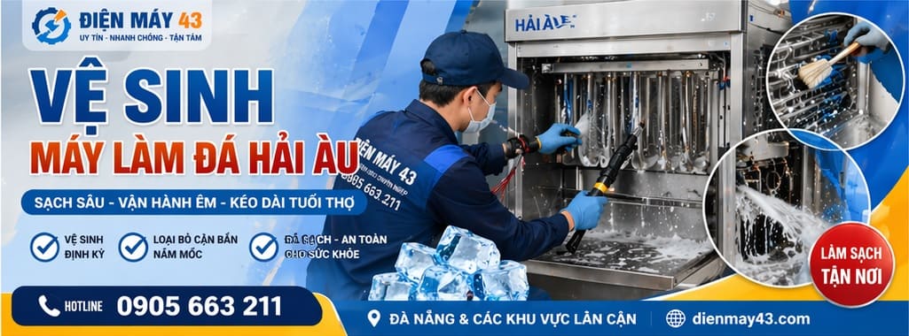 Hình ảnh quy trình vệ sinh máy làm đá Hải Âu, giúp loại bỏ cặn bẩn, vi khuẩn và đảm bảo đá sạch, an toàn. Dịch vụ vệ sinh định kỳ giúp máy hoạt động bền bỉ và tiết kiệm điện năng.