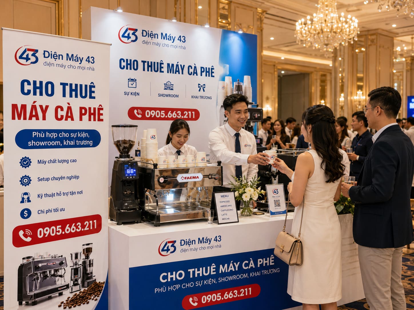 Hình ảnh dịch vụ cho thuê máy cà phê tại Đà Nẵng phục vụ khách sạn, hội nghị, tiệc cao cấp và sự kiện doanh nghiệp. Máy pha cà phê chuyên nghiệp, setup sang trọng, hỗ trợ tận nơi.