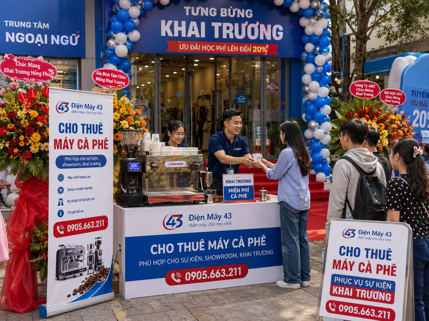 Hình ảnh dịch vụ cho thuê máy cà phê tại Đà Nẵng phục vụ khai trương cửa hàng, trung tâm, showroom và chương trình phát cà phê miễn phí thu hút khách dừng lại.