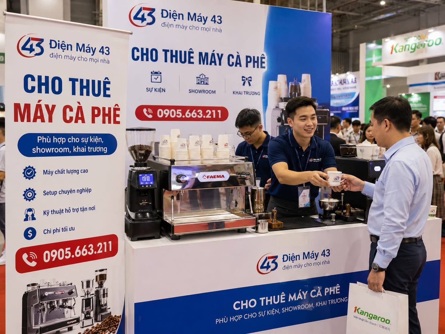 Hình ảnh dịch vụ cho thuê máy cà phê tại Đà Nẵng phục vụ sự kiện, hội chợ, triển lãm và gian hàng quảng bá. Máy pha cà phê chuyên nghiệp, setup đẹp, hỗ trợ phục vụ tận nơi.