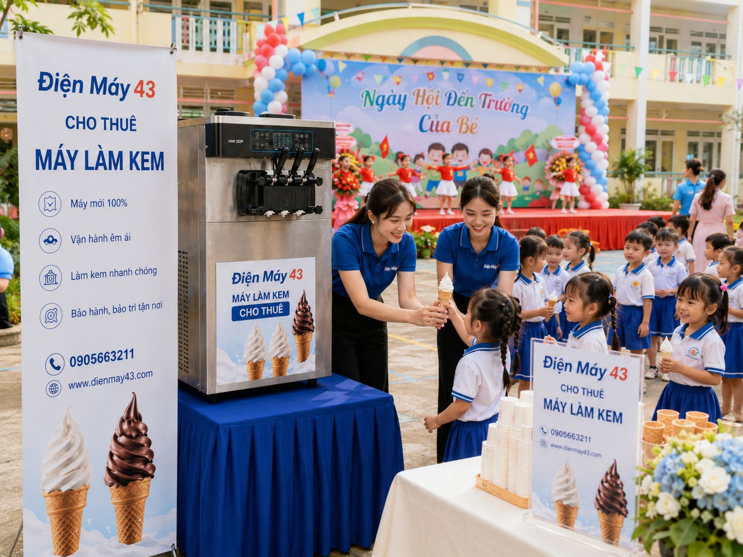 Hình ảnh dịch vụ cho thuê máy làm kem tại Đà Nẵng phục vụ lễ khai giảng, ngày hội đến trường, sự kiện trường học và chương trình phát kem cho học sinh. Máy sạch, an toàn, phù hợp cho mầm non, tiểu học và trung tâm giáo dục.
