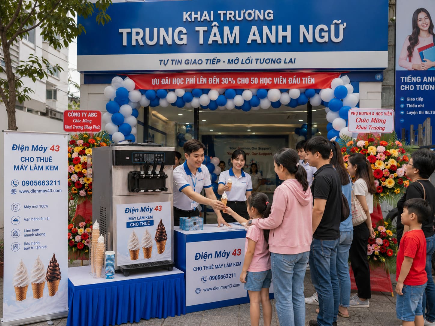 Hình ảnh dịch vụ cho thuê máy làm kem tại Đà Nẵng phục vụ sự kiện khai trương, phát kem miễn phí, thu hút khách dừng lại và tăng hiệu quả quảng bá thương hiệu.