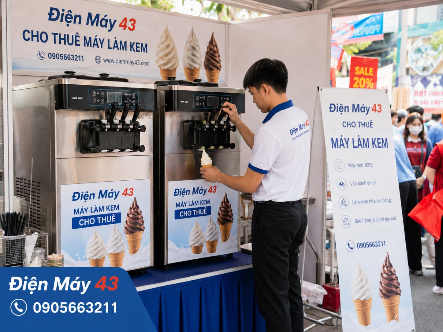 Hình ảnh dịch vụ cho thuê máy làm kem tại Đà Nẵng phục vụ sự kiện, hội chợ, khai trương, trường học, khách sạn và chương trình đông người. Máy sạch, vận hành ổn định, hỗ trợ giao tận nơi.