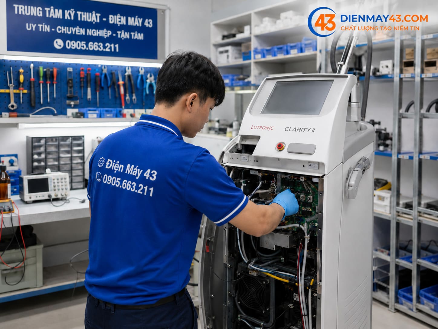 Dịch vụ sửa máy triệt lông laser tại phòng kỹ thuật Điện Máy 43, hỗ trợ kiểm tra bo mạch, nguồn, tay cầm, hệ thống làm mát và linh kiện máy laser thẩm mỹ.