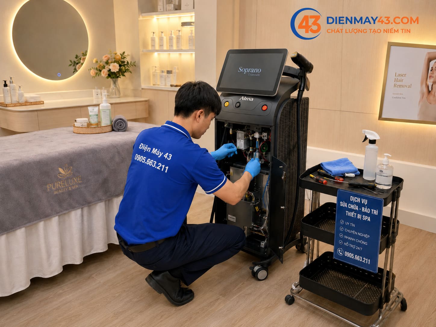 Hình ảnh dịch vụ sửa máy triệt lông laser tại spa Đà Nẵng, kỹ thuật viên Điện Máy 43 kiểm tra linh kiện, bảo trì thiết bị và hỗ trợ xử lý sự cố tận nơi cho spa, thẩm mỹ viện.