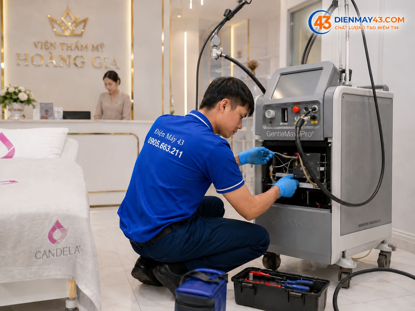 Hình ảnh kỹ thuật viên Điện Máy 43 sửa máy triệt lông laser tại viện thẩm mỹ Đà Nẵng, kiểm tra hệ thống dây dẫn, tay cầm, nguồn máy và linh kiện bên trong thiết bị.