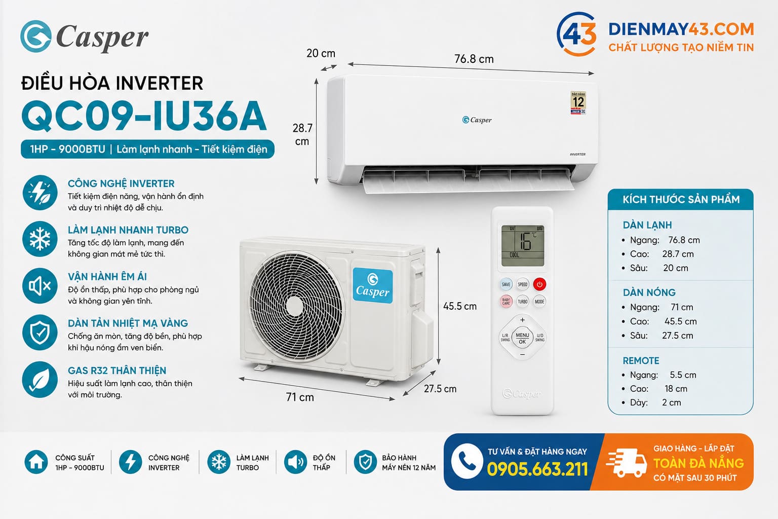 Thông số kích thước điều hòa Casper Inverter QC09-IU36A 9000BTU tại Đà Nẵng