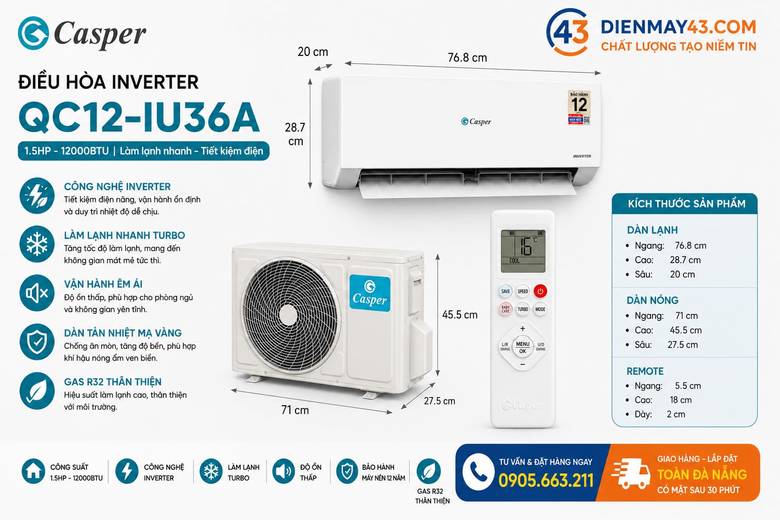 Thông số kích thước điều hòa Casper Inverter QC12-IU36A 12000BTU tại Đà Nẵng